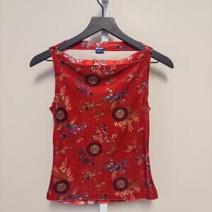 Ever Blue USA Asian Print Velvet Tank Top XS Grunge Y2K Boat Neck Sleeveless